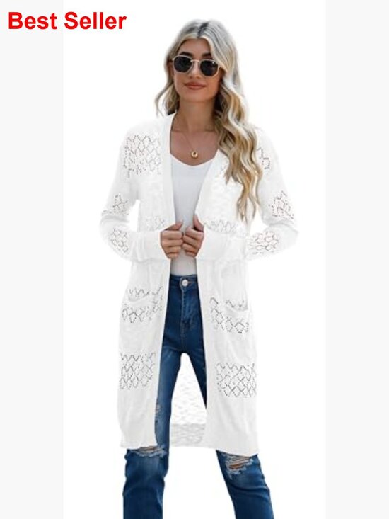 Lightweight Crochet Open-Front Cardigan Sweater with Pockets - Picture 2 of 7